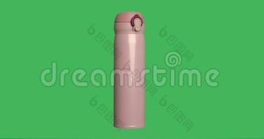 孤立的粉红色热水瓶与热饮在绿色屏幕色度键背景。